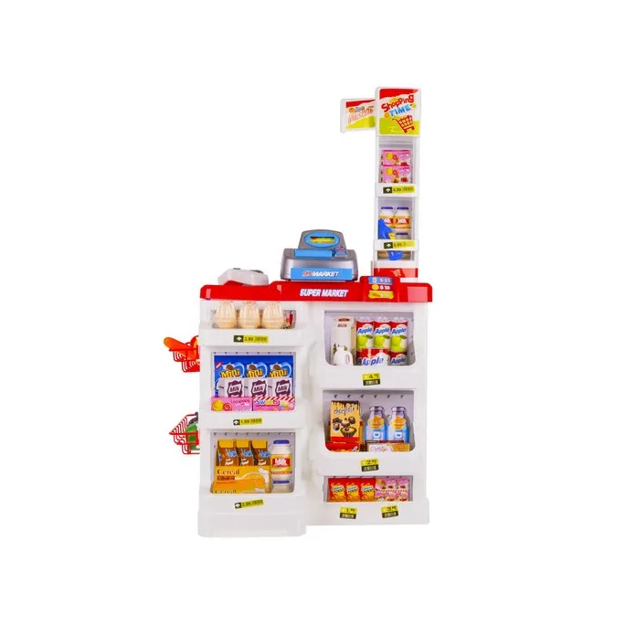 kolorowe plastikowe produkty spożywcze na półkach