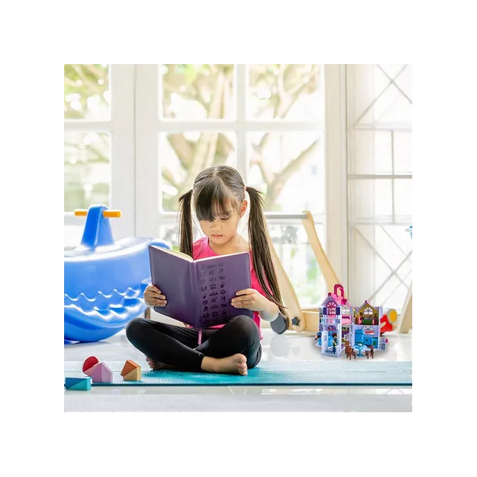 Zestaw domek dla lalek z figurkami, psem i mebelkami rozmieszczonymi w środku