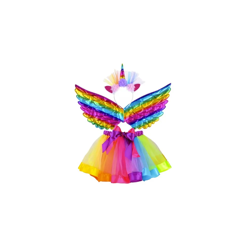 Kostium jednorożec Kruzzel 22962 z tęczową spódniczką i skrzydłami