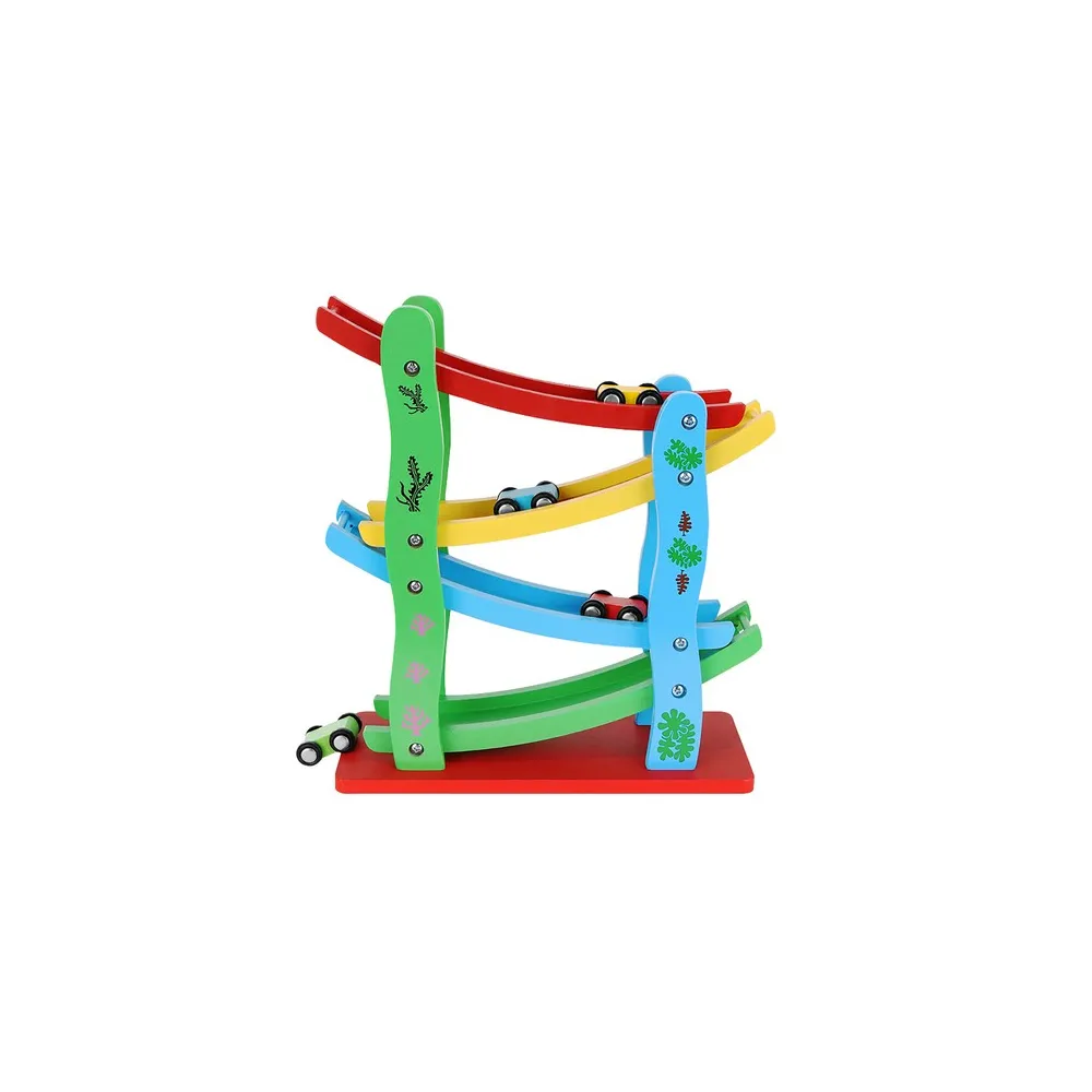 Drewniana zabawka z autkami na każdym poziomie wyścigowym