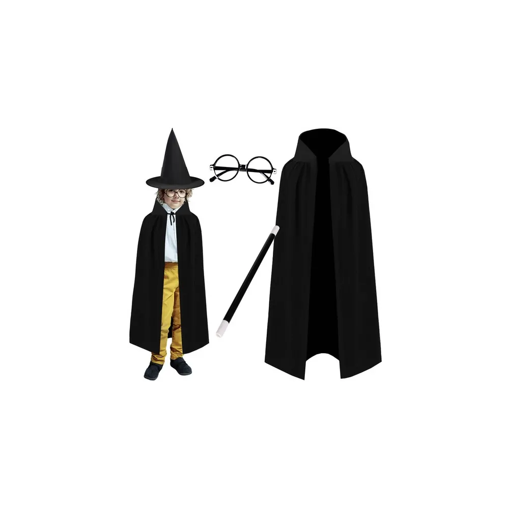 kompletny strój magika z peleryną, kapeluszem, różdżką i okularami