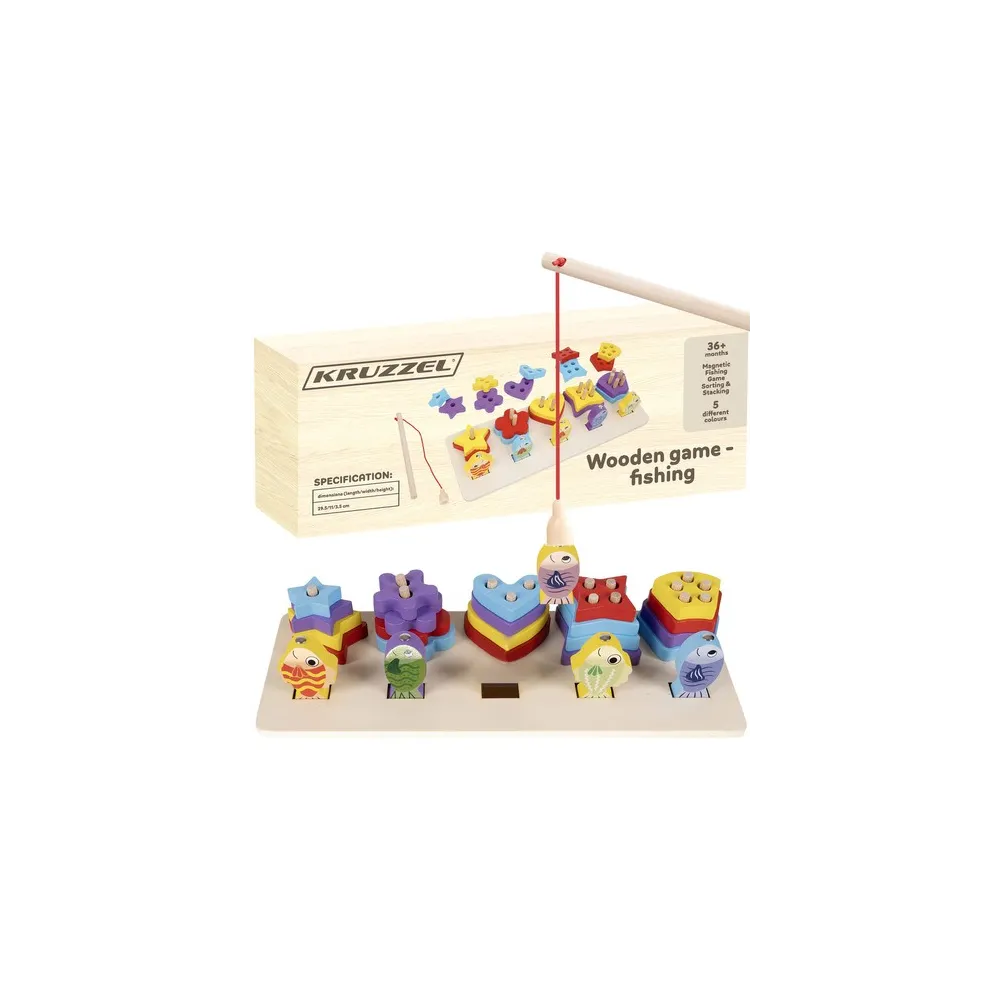 drewniany sorter kształtów z rybkami i wędką