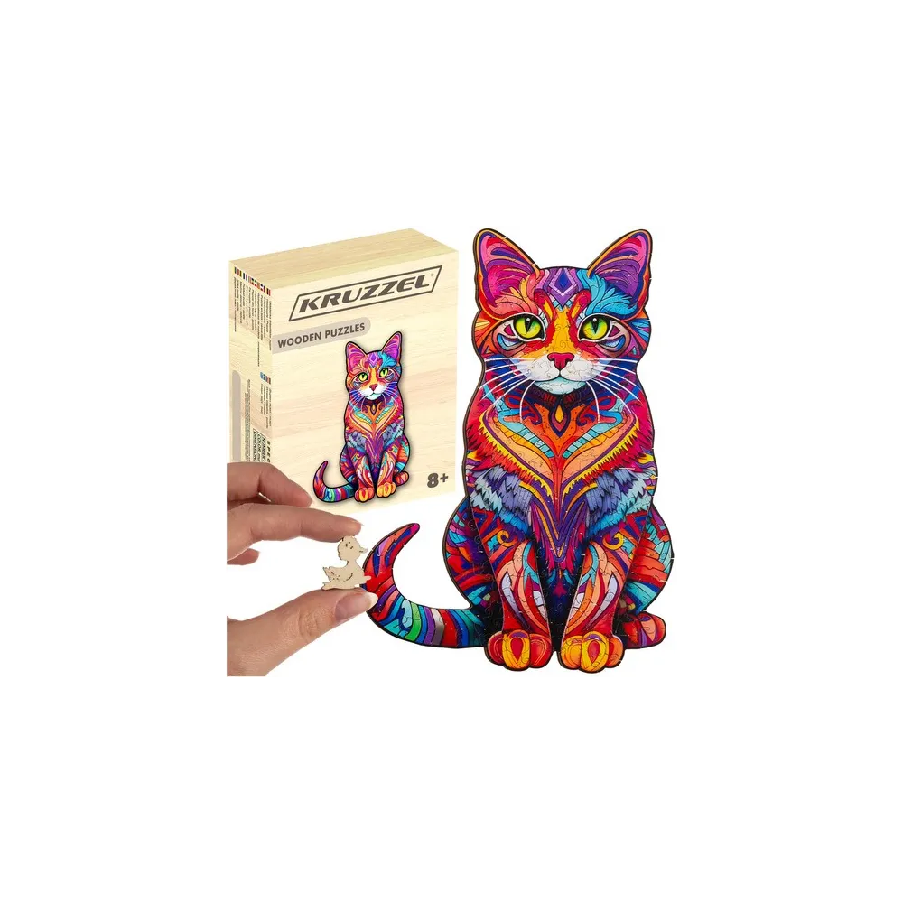 Drewniana układanka puzzle przedstawiająca kolorowego kota