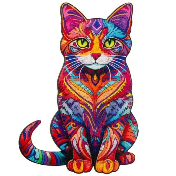 Opakowanie drewnianych puzzli z motywem kota w tle