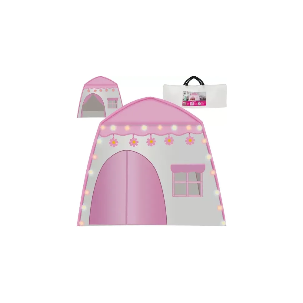namiot dziecięcy domek z girlandą cotton balls różowo-biały na tle białym