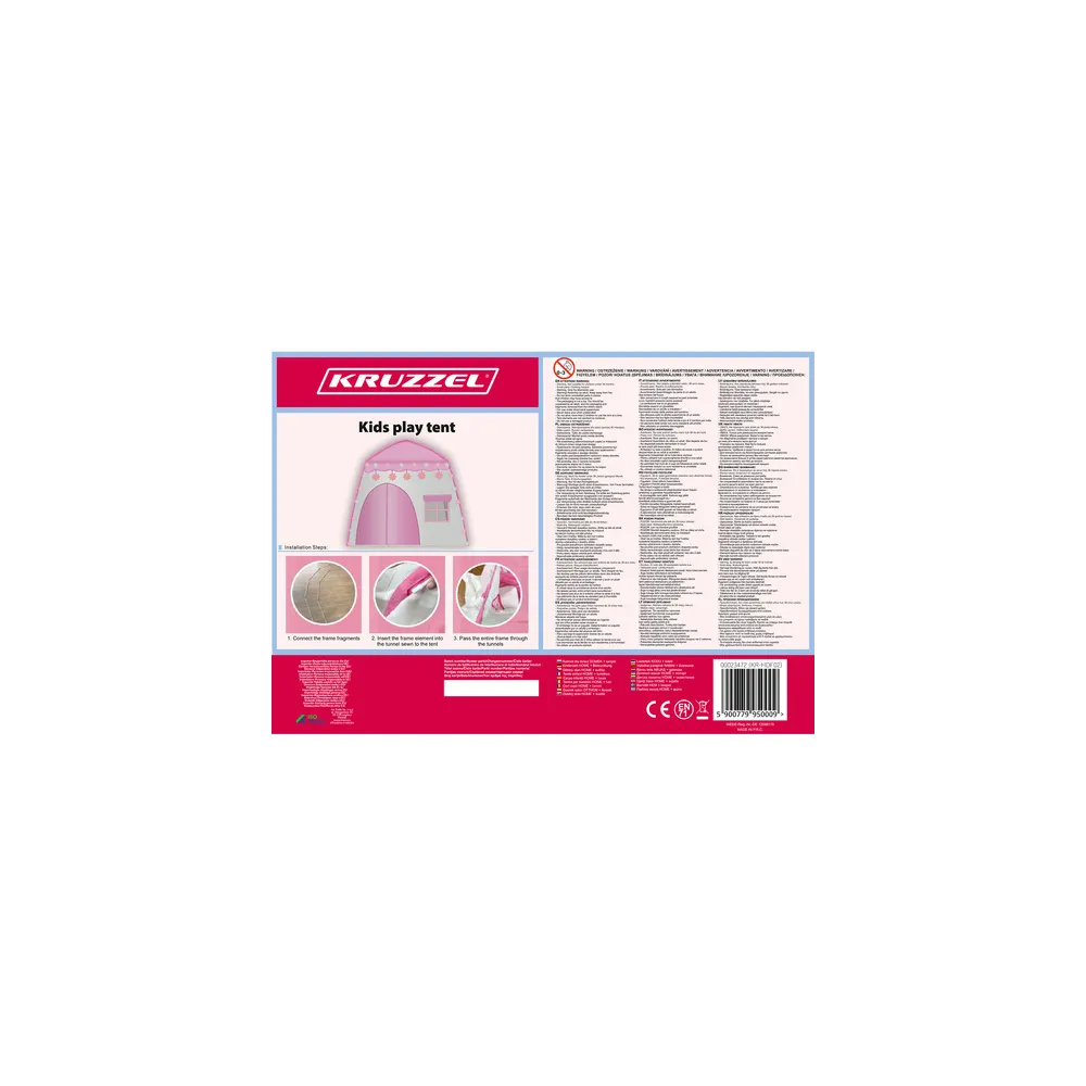 zbliżenie na wejście do namiotu dziecięcego z trzema okienkami i lampkami