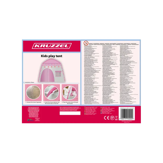 zbliżenie na wejście do namiotu dziecięcego z trzema okienkami i lampkami