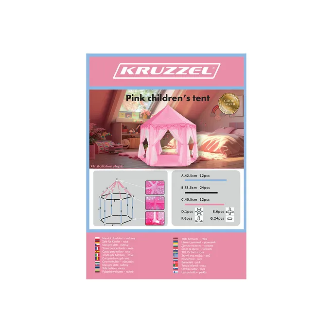 sześciokątny namiot dziecięcy z różowymi firanami