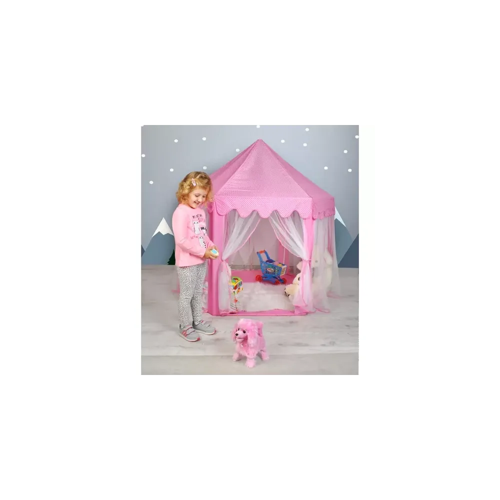 zbliżenie na materiał i zdobienia różowego namiotu kruzzel