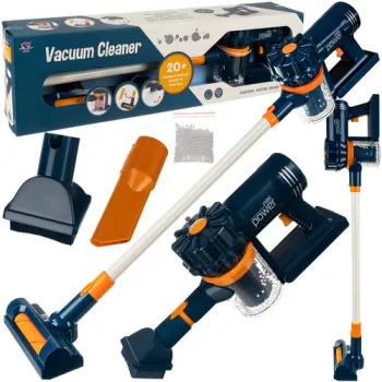 odkurzacz dziecięcy pionowy niebieski z rurą na białym tle