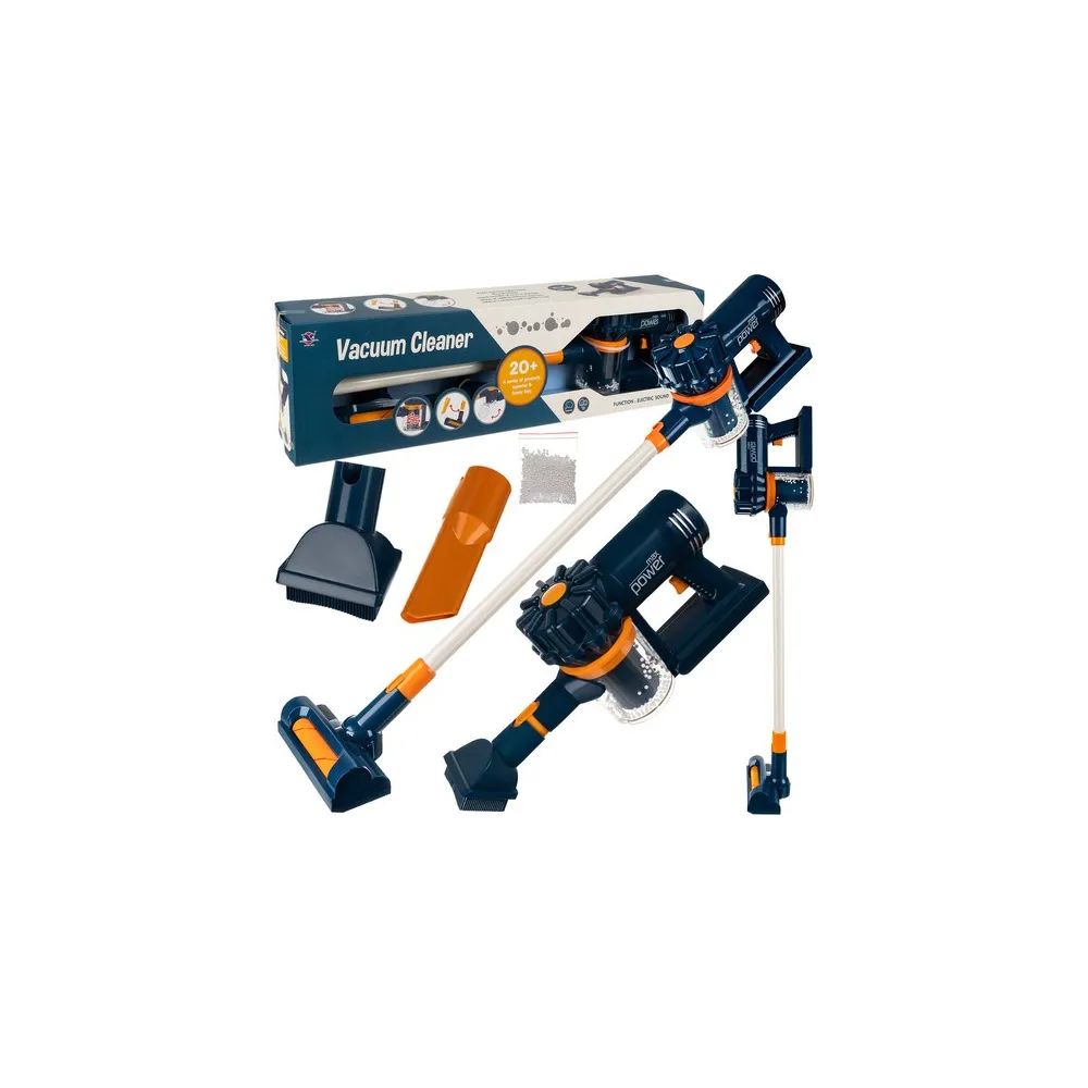 odkurzacz dziecięcy pionowy niebieski z rurą na białym tle