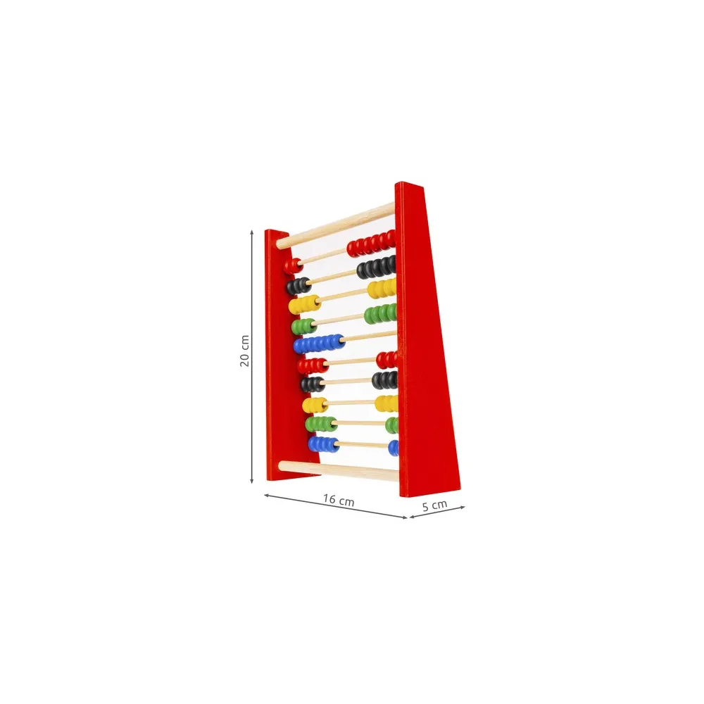 Detal drewnianej ramy liczydła z widokiem na rzędy koralików