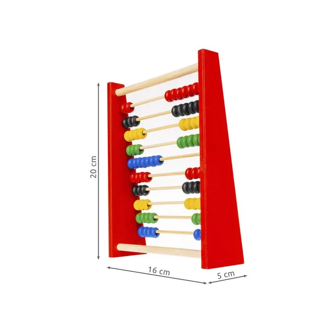 Detal drewnianej ramy liczydła z widokiem na rzędy koralików