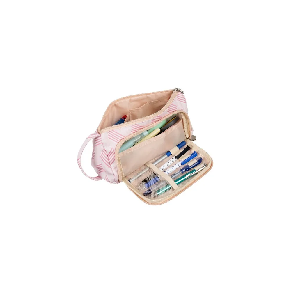 Dwukomorowy piórnik szkolny różowy widoczny na białym tle