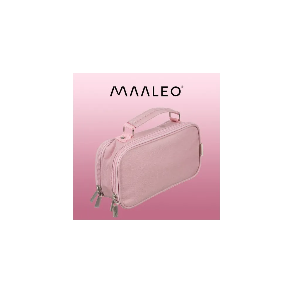 Rozkładany podwójny piórnik w kolorze różowym na biurku