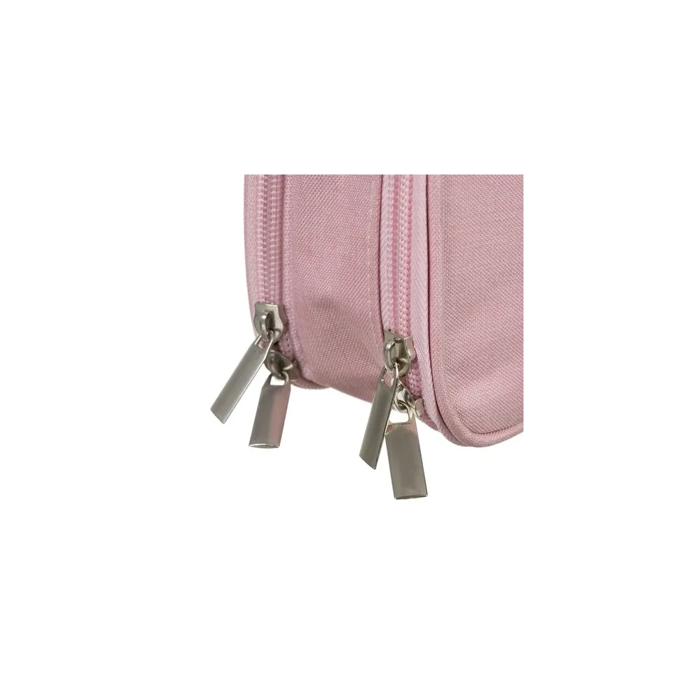 Zamknięty podwójny piórnik różowy położony na jasnej powierzchni