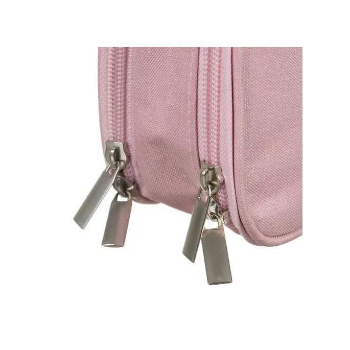 Zamknięty podwójny piórnik różowy położony na jasnej powierzchni