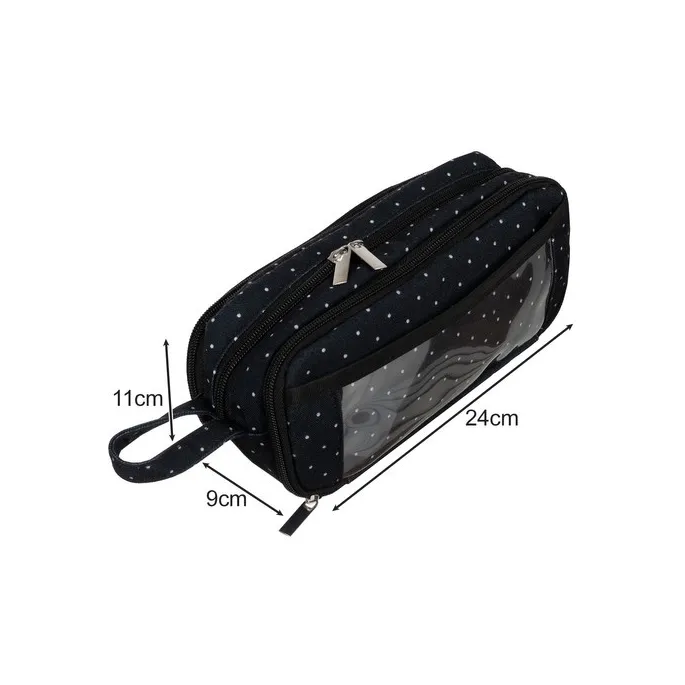 Zbliżenie na przezroczyste okienko piórnika rozkładanego