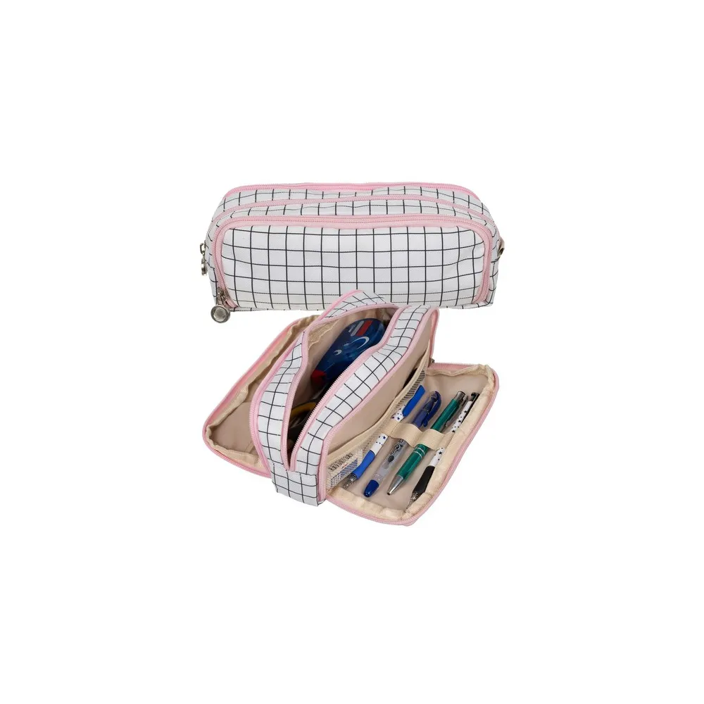 Piórnik potrójny Maaleo24514 w biało-czarną kratkę z różowymi zamkami