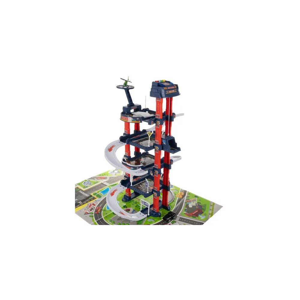 widok zestawu z torami, znakami drogowymi i barierkami