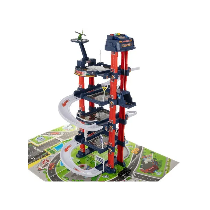 widok zestawu z torami, znakami drogowymi i barierkami