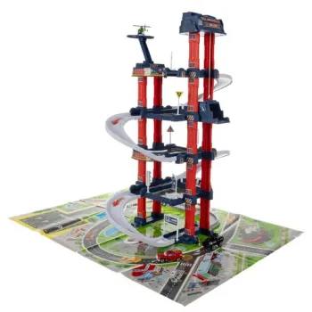 samochodziki zabawkowe ustawione na różnych poziomach garażu