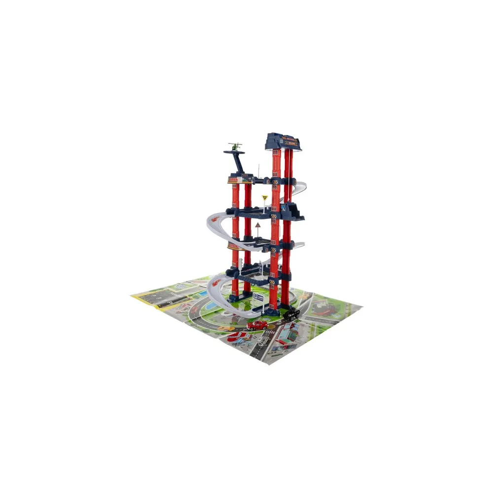 samochodziki zabawkowe ustawione na różnych poziomach garażu