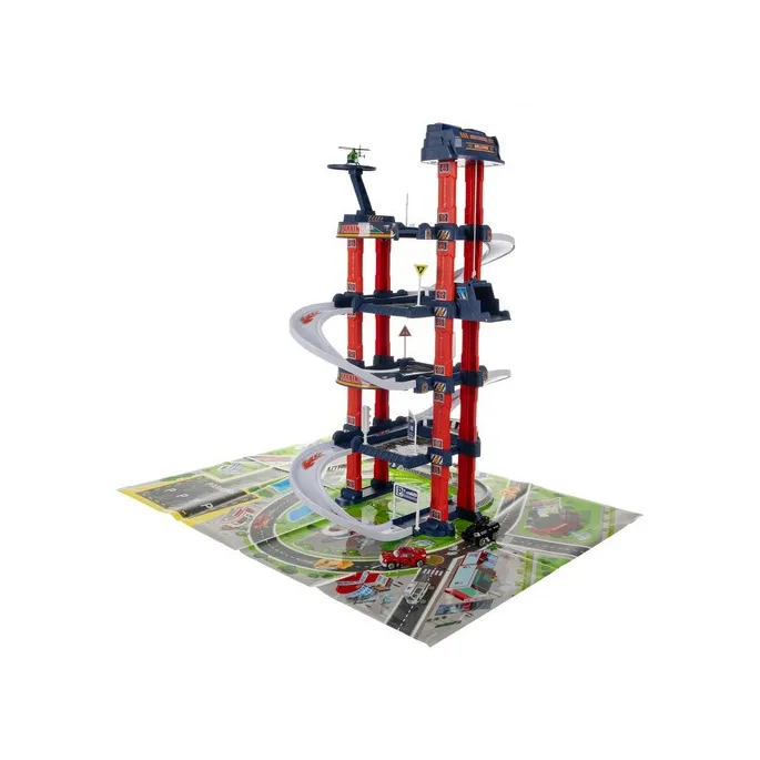 samochodziki zabawkowe ustawione na różnych poziomach garażu