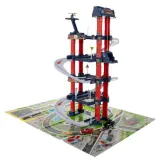 samochodziki zabawkowe ustawione na różnych poziomach garażu