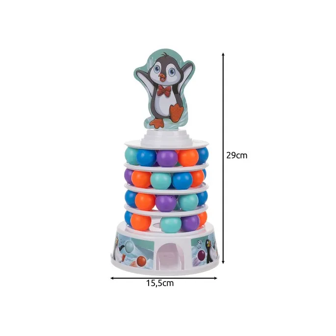Wygląd wielopoziomowej wieży z piłeczkami i obręczami