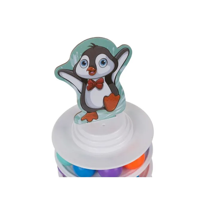 Elementy zestawu: podstawa, obręcze, kopuła z pingwinem, patyczki