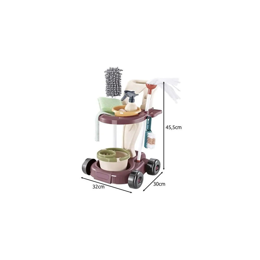 kolorowe akcesoria czyszczące obok oliwkowo-śliwkowego wózka