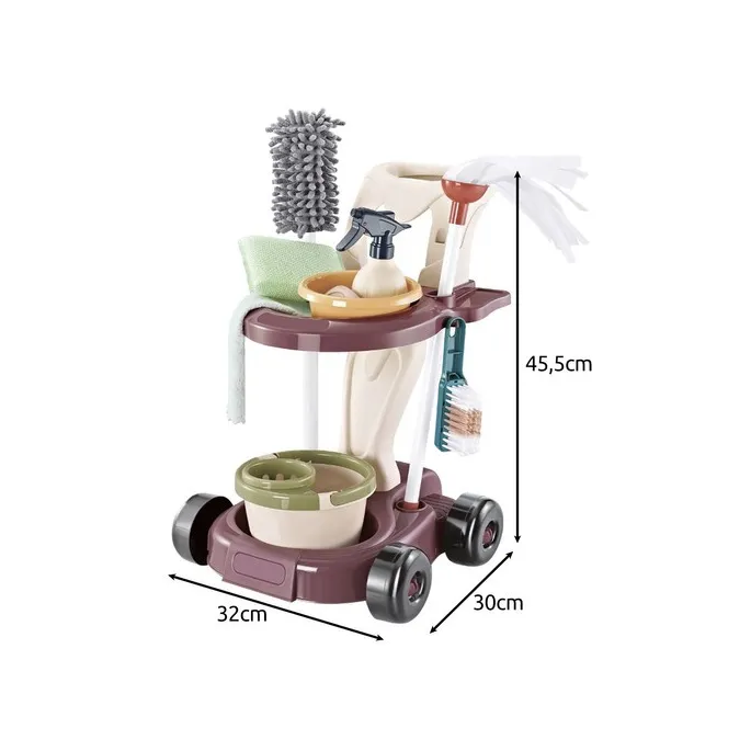 kolorowe akcesoria czyszczące obok oliwkowo-śliwkowego wózka