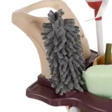 tablica ostrzegawcza oraz zmiotka na tle beżowych akcesoriów