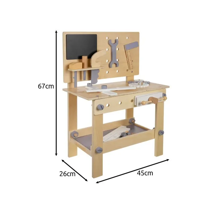 Zestaw narzędzi dziecięcych z piłą, młotkiem i kluczem w drewnianym warsztacie