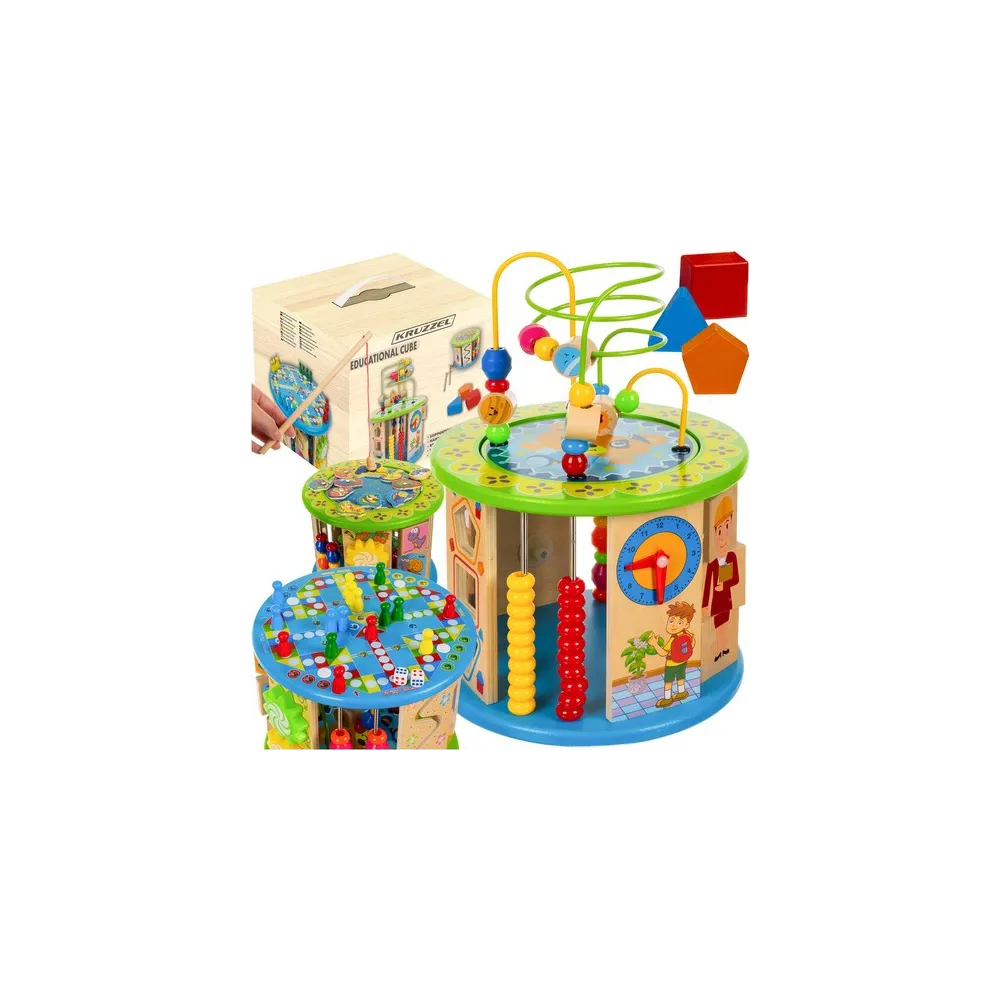 drewniana kostka edukacyjna z kolorowymi elementami i liczydłem