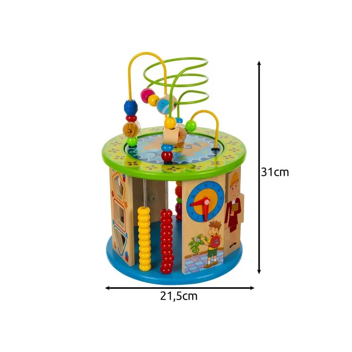 kostka edukacyjna z przeplatanką i koralikami w różnych kolorach