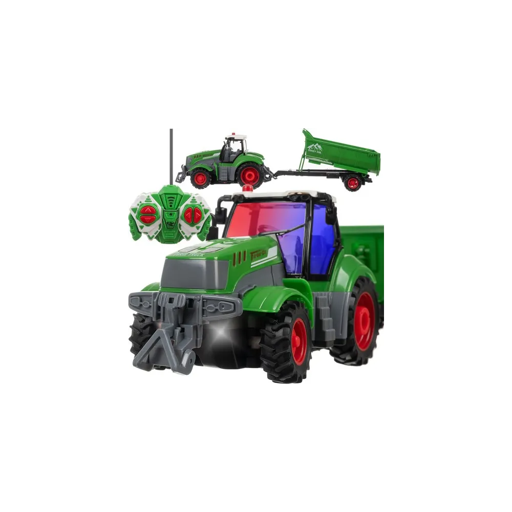 zdalnie sterowany traktor kruzzel 24850 z przyczepą na białym tle