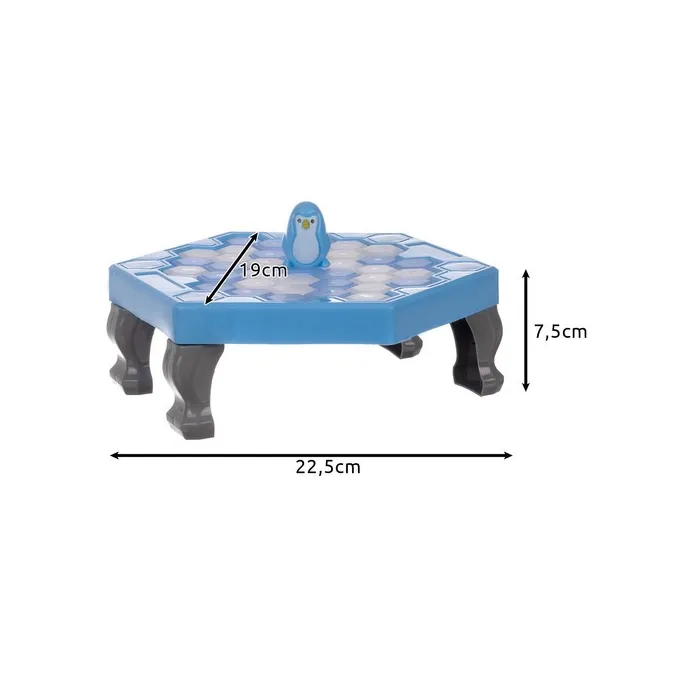 Stół do gry z rozłożonymi kostkami lodu oraz pingwinkiem po środku