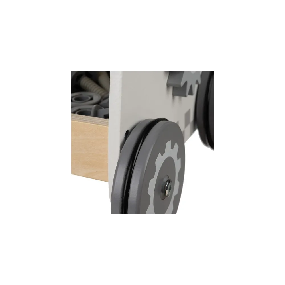 drewniane elementy do skręcania leżące na blacie warsztatu