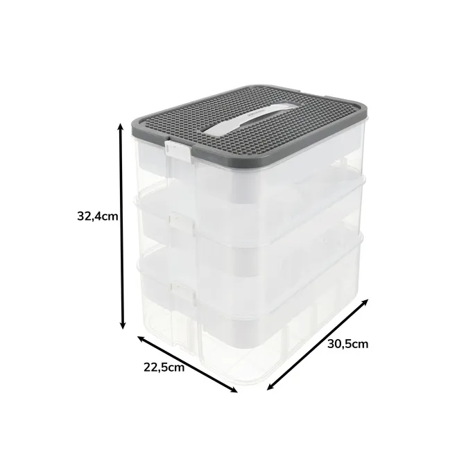 Widok na trzy oddzielne moduły organizeru ustawione jeden na drugim