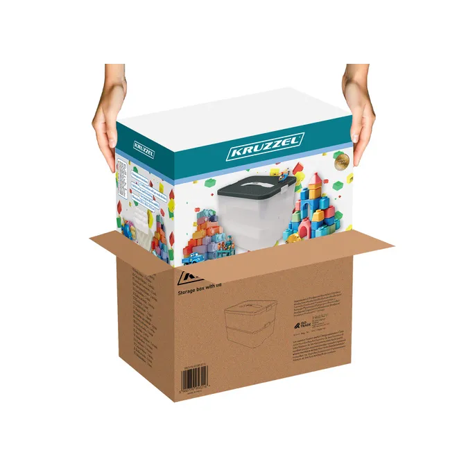 otwarte pudełko z widocznymi dwoma poziomami na klocki