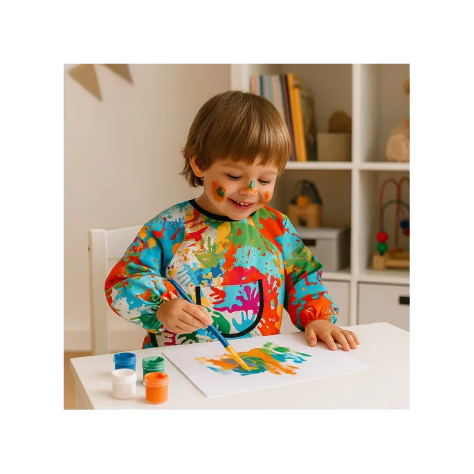 Zbliżenie kolorowego nadruku na fartuchu dziecięcym Kruzzel