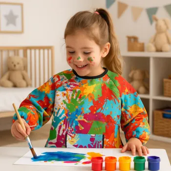 widok fartucha na płasko z wyeksponowanym dużym nadrukiem wielokolorowym