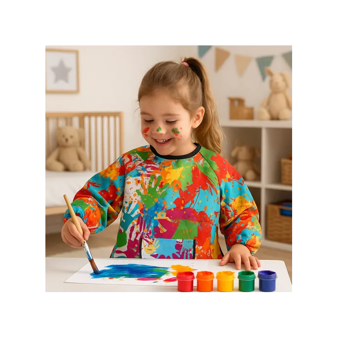 widok fartucha na płasko z wyeksponowanym dużym nadrukiem wielokolorowym