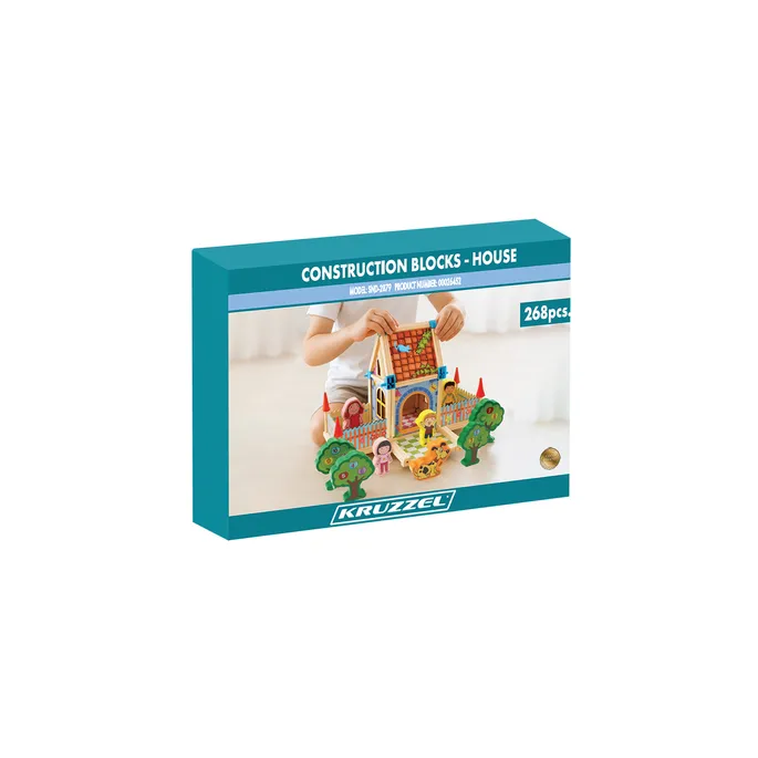 Wielokolorowe klocki do budowy domku rozłożone na stole