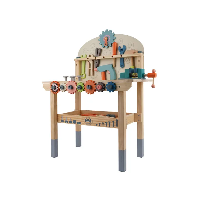 dolna półka stołu warsztatowego z ułożonymi akcesoriami