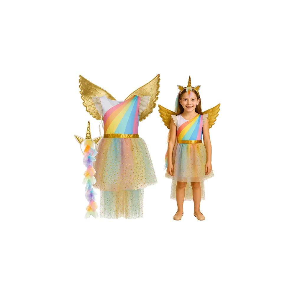 strój jednorożca dla dzieci z sukienką, skrzydłami i opaską z rogiem