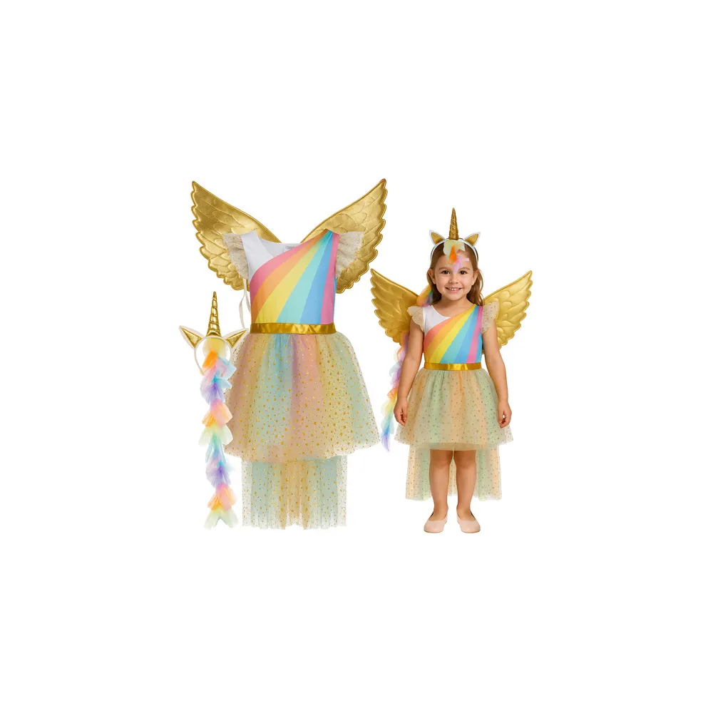 Strój jednorożca dla dzieci na manekinie, rozmiar 122–128 cm