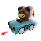 zbliżenie na detale żółtego samochodzika z motywem zwierzątka